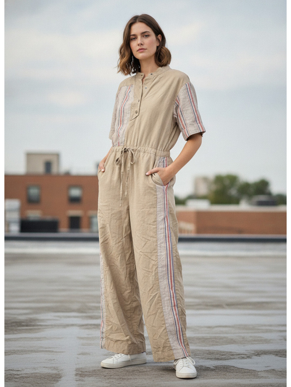 Reina Olga Beige and Striped Short Sleeve Jumpsuit with Draw